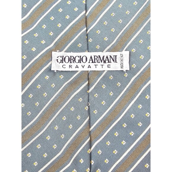 Giorgio Armani Cravatte 100% Silk Mens Tie Blue & Brown Striped With Yellow Dots - Picture 3 of 9